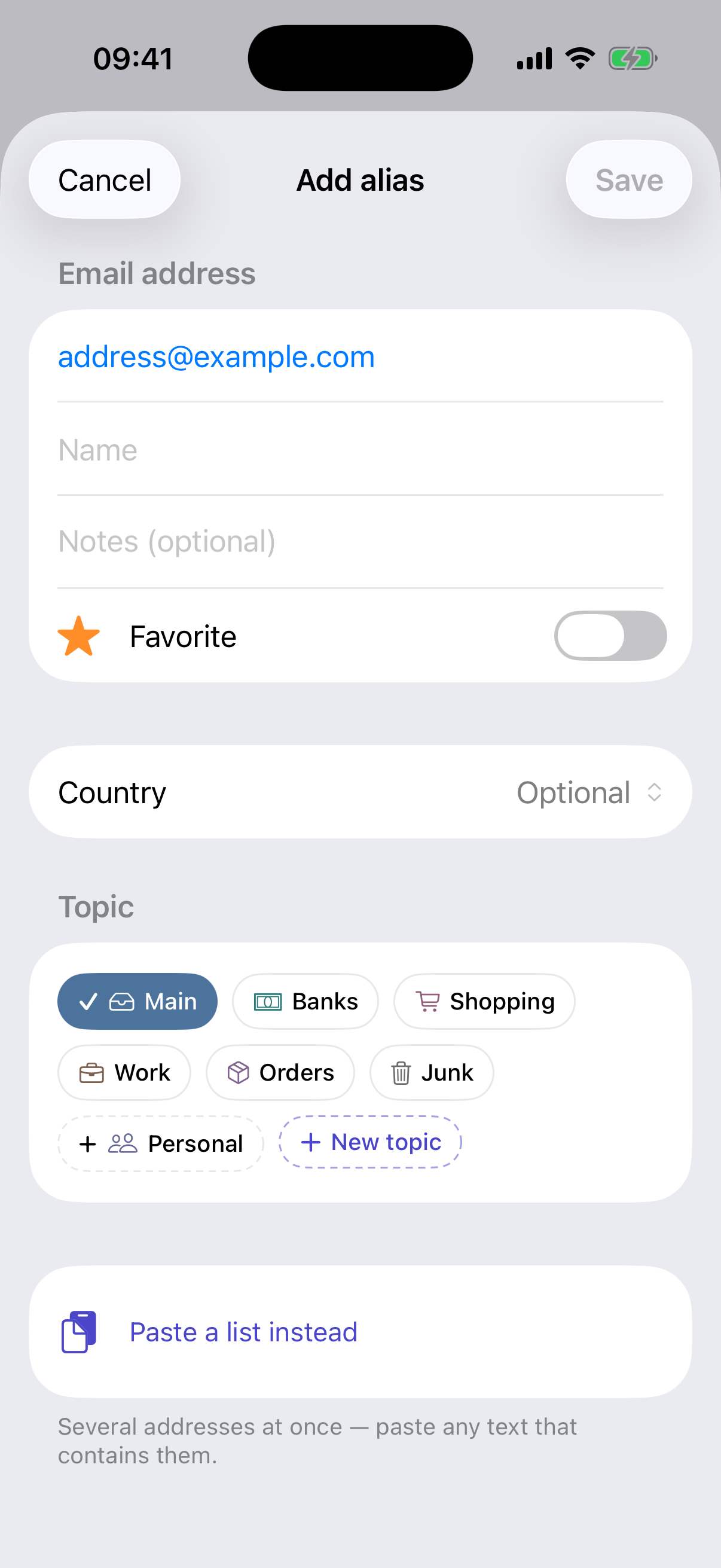 Adding one address, with a name, a note, a topic and a country.