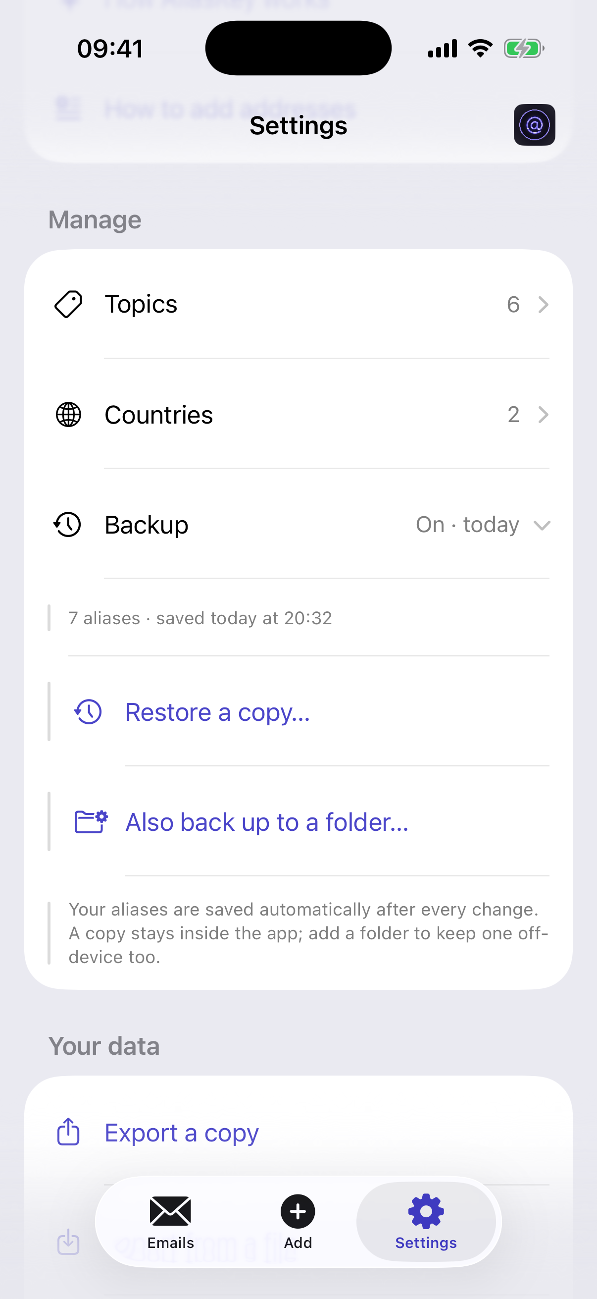 Settings showing the backup block and the data block: restore a copy, back up to a folder, export, import, replace, delete.