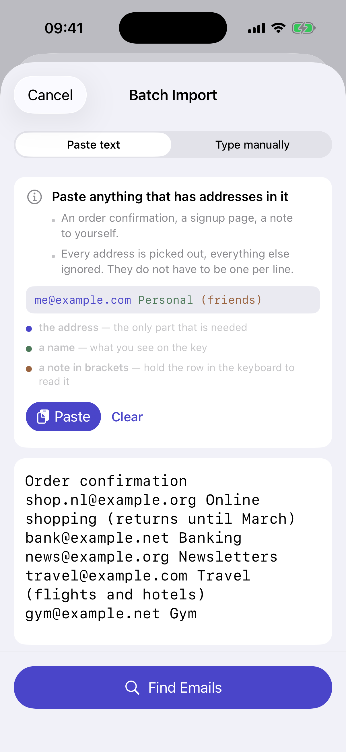A pasted order confirmation sitting in the import screen, ready to be read.