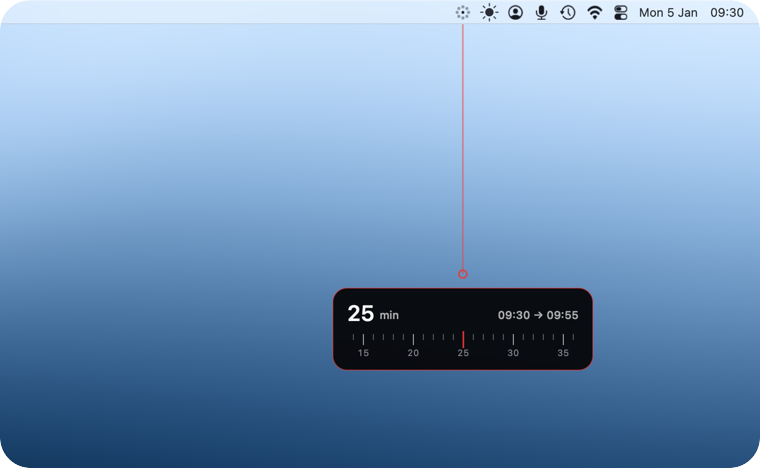 A pull from the Mac menu bar: a hairline hanging from the status icon down to a dark badge reading 25 min, 09:30 to 09:55, with a tape of minutes under a fixed mark.