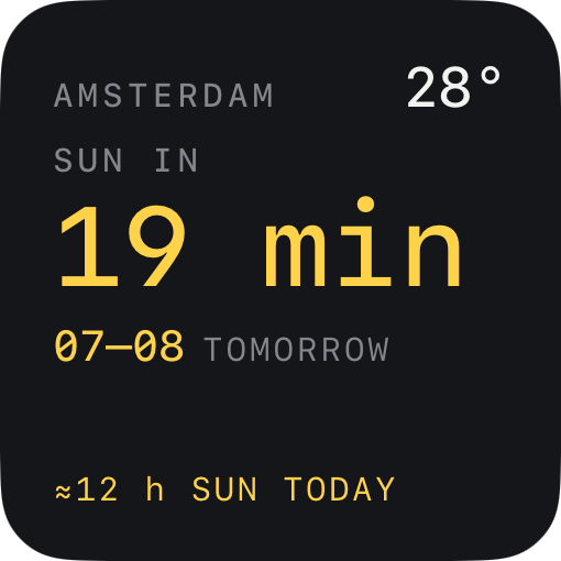 The small home screen widget: Amsterdam, 28 degrees, sun in 19 minutes, the best stretch 07 to 08 tomorrow, and about 12 hours of sun today.